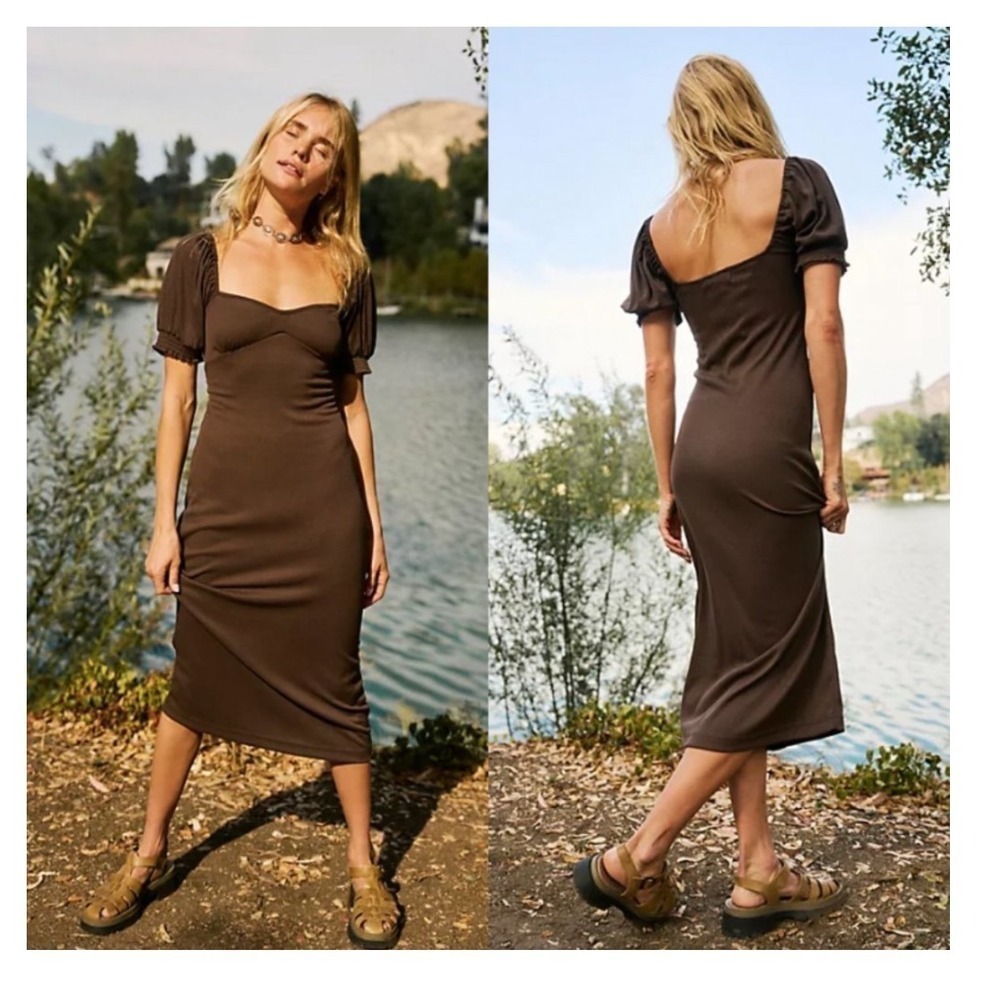 Free People Bel Air Midi Dress L Chocolate Brown Milkmaid Puff Sleeve Babydoll